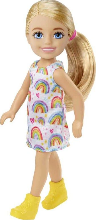 Barbie – Chelsea Doll in Rainbow-Print Dress and Yellow Shoes (Ages 3–7)