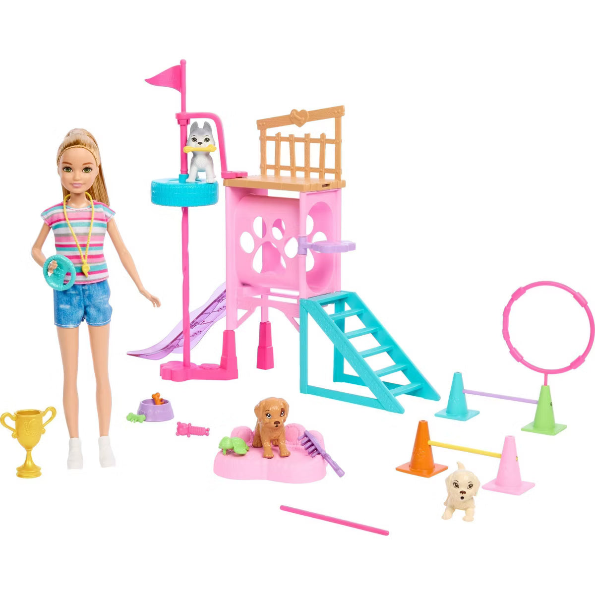 Barbie and Stacie Puppy Obstacle Course Playset - Doll and 3 Puppies