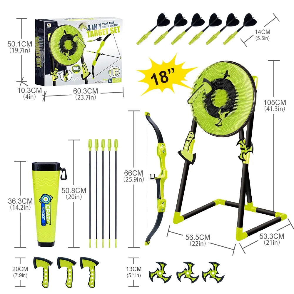 Aojie Sport 4-in-1 - 18" Target Set (W/ 3 Axes, 3 Spiral Darts, 6 Darts, 1 Bow, 5 Arrows & Quiver)