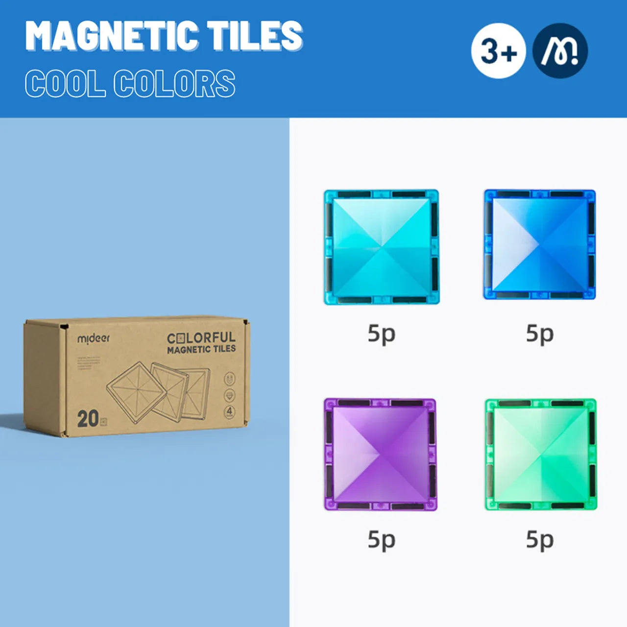 Mideer Colourful Magnetic Tiles, Cool Colours (20 Pieces)