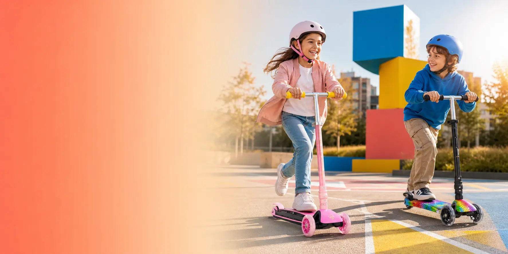 Children riding colourful Bold Cube scooters in a park